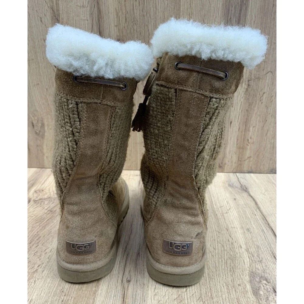 UGG AUSTRALIA Sock Boots Girls 3 Brown Suede Leather & Textile Fur String 5921